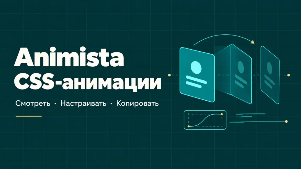 Animista: CSS-анимации. Карточка в разных фазах переворота на тёмно-бирюзовом фоне.