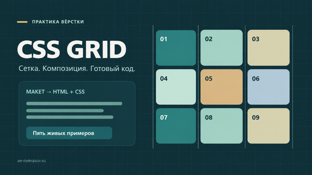 CSS Grid Generator: сетка из девяти блоков на тёмном бирюзовом фоне