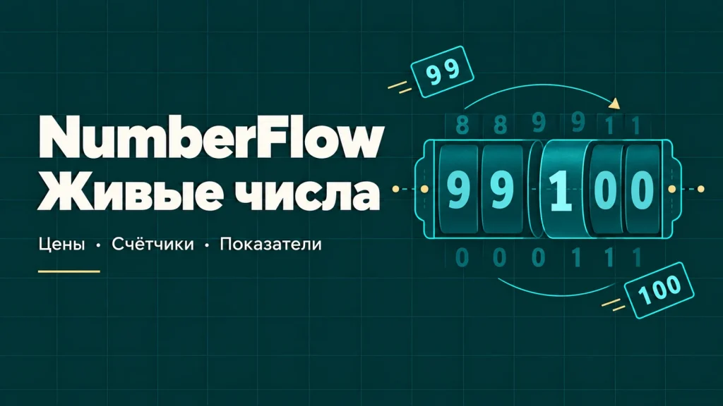 NumberFlow: живые числа. Прокручивающиеся цифры на тёмно-бирюзовом фоне.