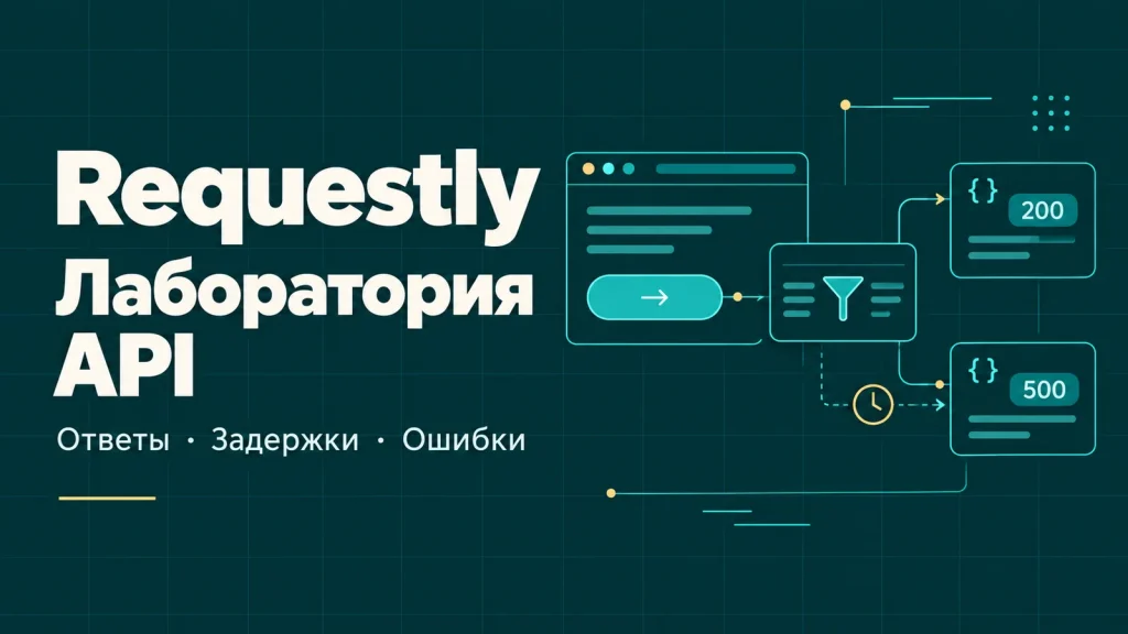 Requestly: тестирование API. Учебные ответы 200 и 500, JSON и задержки на тёмно-бирюзовом фоне.