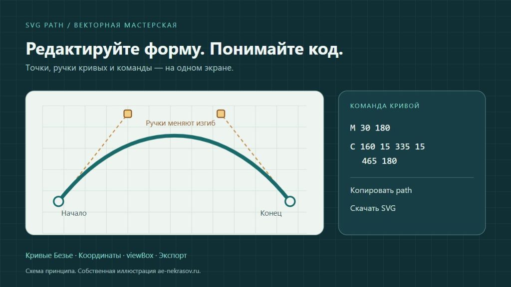 SVG path: узлы, ручки кубической кривой и сохранение контура в SVG.